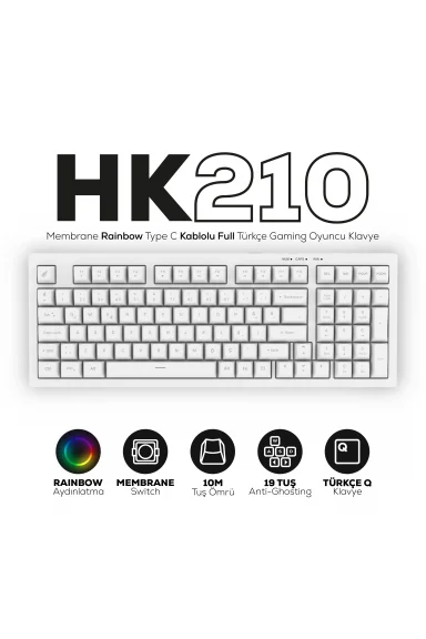 HK210 Membrane Rainbow Type C Kablolu Beyaz Full Türkçe Gaming Oyuncu Klavye
