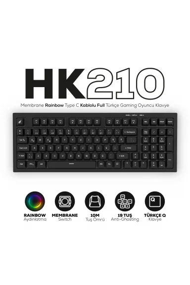 HK210 Membrane Rainbow Type C Kablolu Siyah Full Türkçe Gaming Oyuncu Klavye