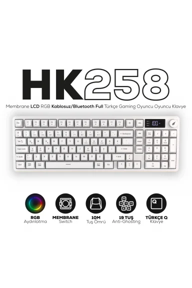 HK258 Membrane LCD RGB Kablosuz/Bluetooth Beyaz Full Türkçe Gaming Oyuncu Klavye