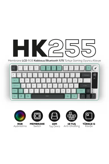 HK255 Membrane LCD RGB Kablosuz/Bluetooth Gri Yeşil %75 Türkçe Gaming Oyuncu Klavye