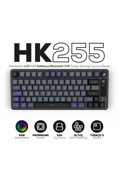 HK255 Membrane LCD RGB Kablosuz/Bluetooth Gri Mor %75 Türkçe Gaming Oyuncu Klavye