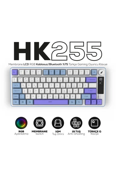 HK255 Membrane LCD RGB Kablosuz/Bluetooth Mavi Mor %75 Türkçe Gaming Oyuncu Klavye