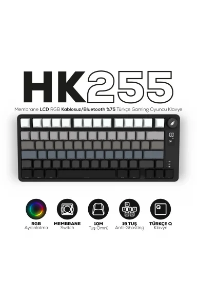 HK255 Membrane LCD RGB Kablosuz/Bluetooth Siyah Gradyan %75 Türkçe Gaming Klavye