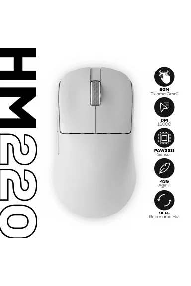 HM220 1K Hz 12000 DPI Tri-Mode Kablosuz/Bluetooth Beyaz Gaming Oyuncu Mouse