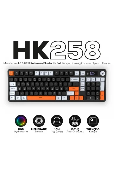 HK258 Membrane LCD RGB Kablosuz/Bluetooth Siyah Turuncu Full Türkçe Gaming Oyuncu Oyuncu Klavye