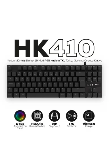 HK410 Mekanik Kırmızı Switch 19 Mod RGB Kablolu Siyah TKL Türkçe Gaming Oyuncu Klavye