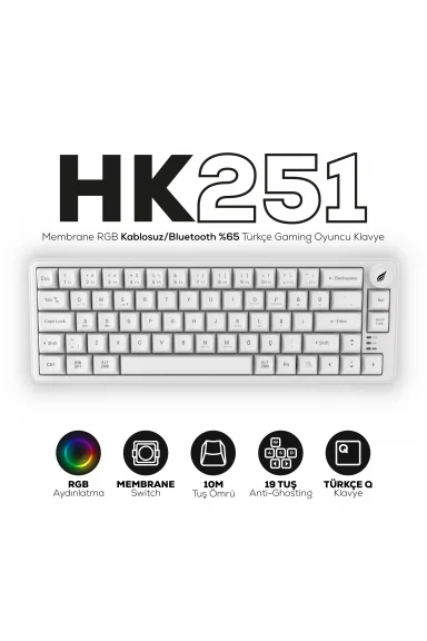 HK251 Membrane RGB Kablosuz/Bluetooth Beyaz %65 Türkçe Gaming Oyuncu Klavye
