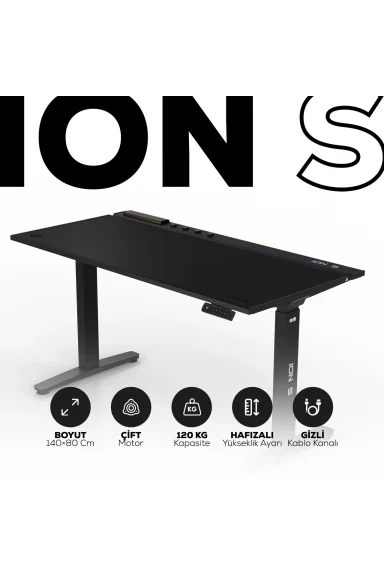 ION S Çift Motorlu Yükseklik Ayarlı RGB 140x70 Siyah Renk Çalışma ve Oyuncu Masası