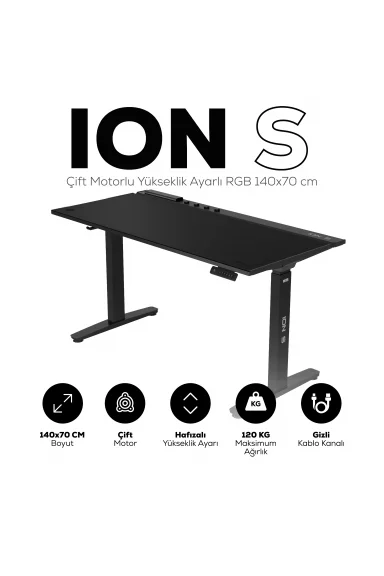 ION S Çift Motorlu Yükseklik Ayarlı RGB 140x70 Siyah Renk Çalışma ve Oyuncu Masası