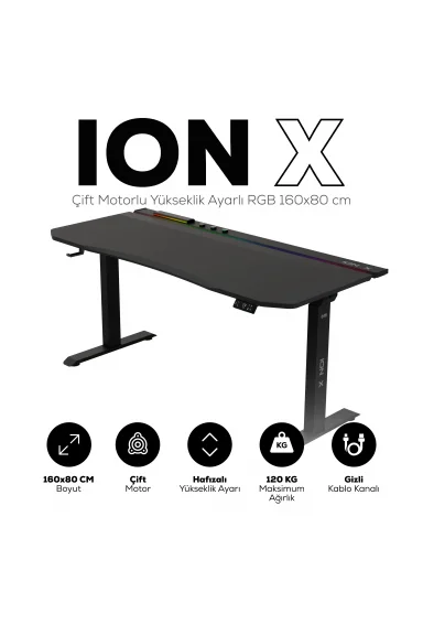 ION X Çift Motorlu Yükseklik Ayarlı RGB 160x80 Siyah Renk Çalışma ve Oyuncu Masası