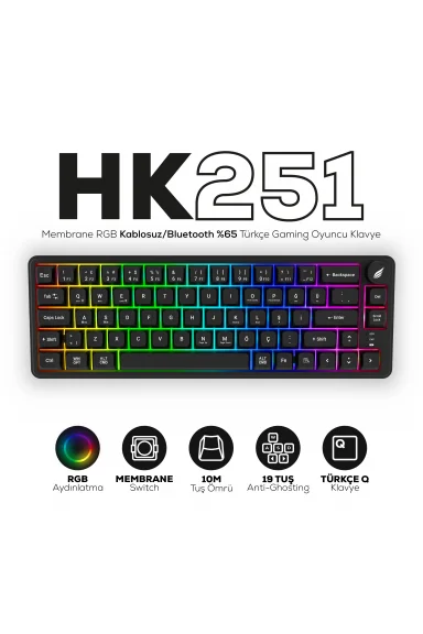 HK251 Membrane RGB Kablosuz/Bluetooth Siyah %65 Türkçe Gaming Oyuncu Klavye