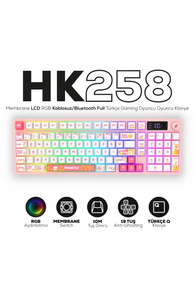 HK258 Membrane LCD RGB Kablosuz/Bluetooth Beyaz Pembe Full Türkçe Gaming Oyuncu Klavye