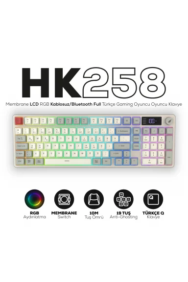 HK258 Membrane LCD RGB Kablosuz/Bluetooth Kırmızı Haki Full Türkçe Gaming Oyuncu Klavye