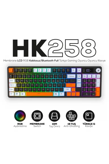 HK258 Membrane LCD RGB Kablosuz/Bluetooth Siyah Turuncu Full Türkçe Gaming Oyuncu Oyuncu Klavye