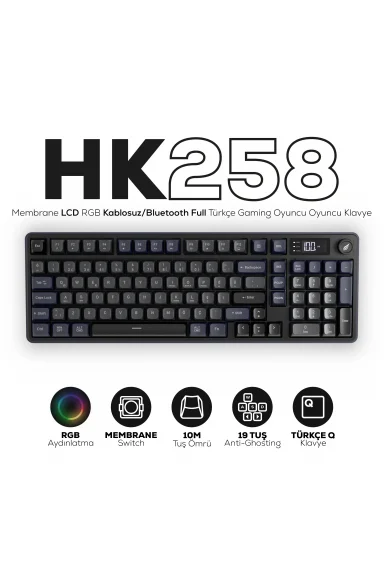 HK258 Membrane LCD RGB Kablosuz/Bluetooth Gri Mor Full Türkçe Gaming Oyuncu Klavye