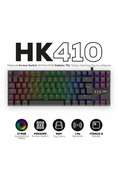 HK410 Mekanik Kırmızı Switch 19 Mod RGB Kablolu Siyah TKL Türkçe Gaming Oyuncu Klavye