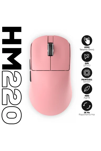 HM220 1K Hz 12000 DPI PixArt 3311 Tri-Mode Kablosuz/Bluetooth Pembe Gaming Oyuncu Mouse