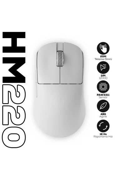 HM220 1K Hz 12000 DPI Tri-Mode Kablosuz/Bluetooth Beyaz Gaming Oyuncu Mouse