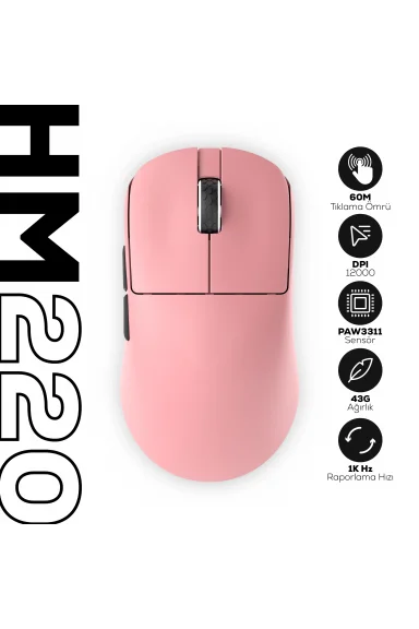 HM220 1K Hz 12000 DPI Tri-Mode Kablosuz/Bluetooth Pembe Gaming Oyuncu Mouse