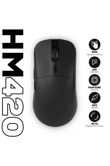 HM420 4K Hz 26000 DPI PixArt 3395 Tri-Mode Kablosuz/Bluetooth Şarj Standlı Siyah Gaming Oyuncu Mouse