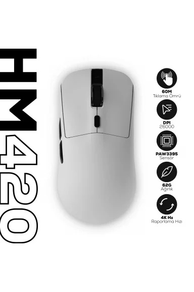 HM420 4K Hz 26000 DPI Tri-Mode Kablosuz/Bluetooth Şarj Standlı Beyaz Gaming Oyuncu Mouse