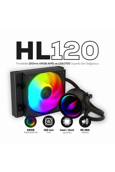 HL120 Frostbite 120mm ARGB AM5 ve LGA1700 Uyumlu Siyah Sıvı Soğutucu