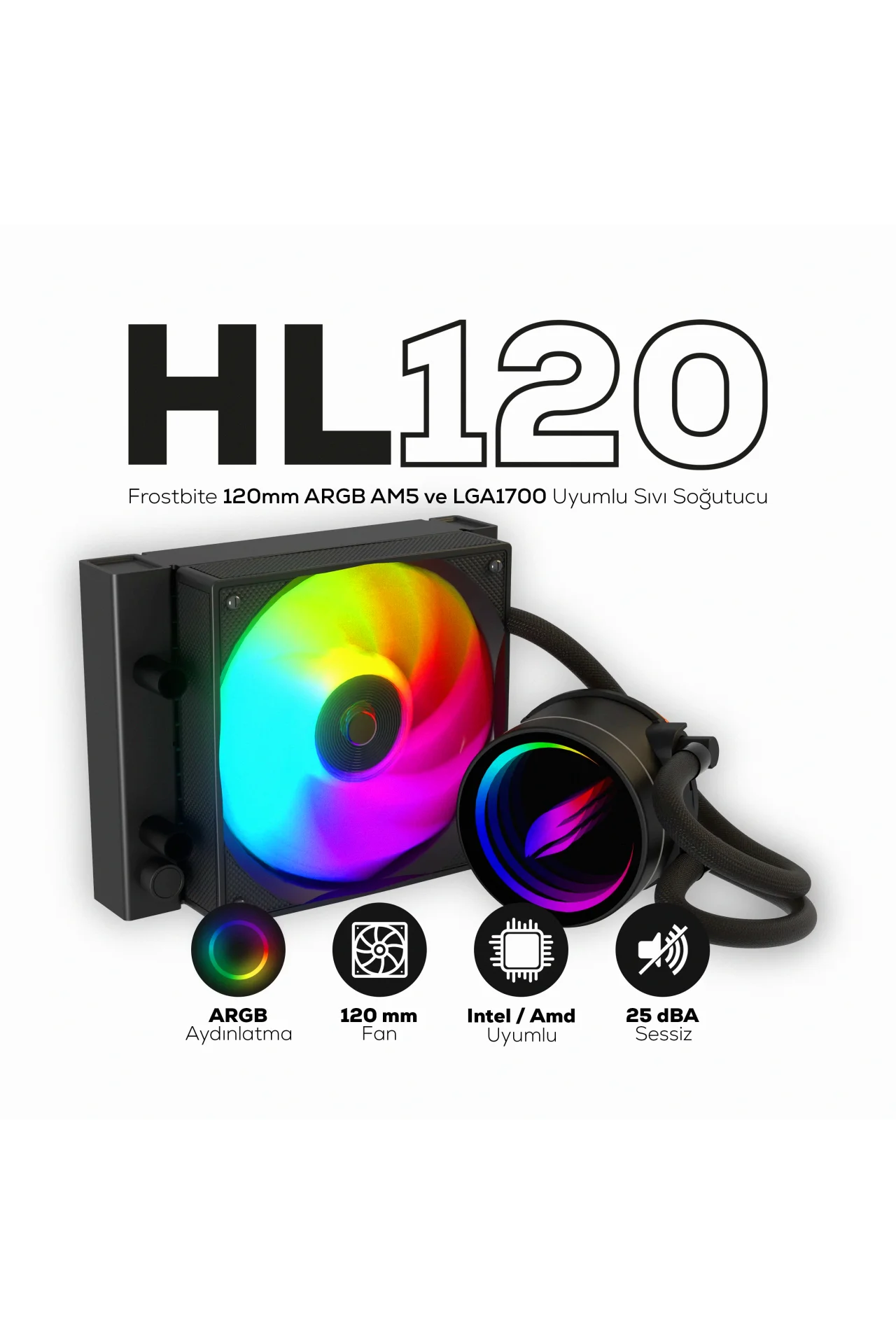 HL120 Frostbite 120mm ARGB AM5 ve LGA1700 Uyumlu Siyah Sıvı Soğutucu