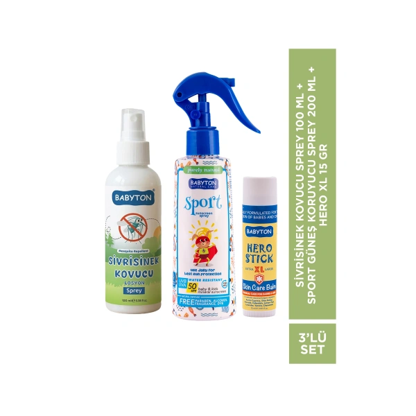 Sivrisinek Kovucu Sprey 100 ml+Sport Güneş Koruyucu Sprey 200 ml+Hero Stick XL 15 gr 3lü Set
