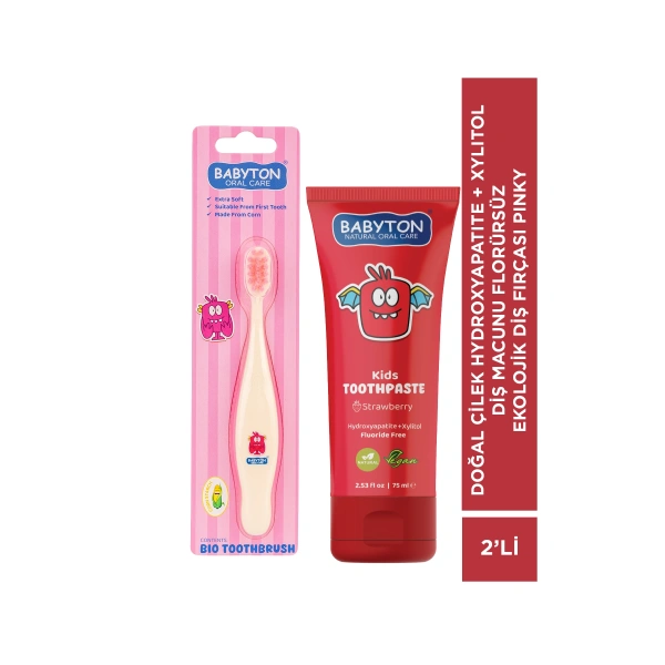 Doğal Çilek Hydroxyapatite + Xylitol Diş Macunu Florürsüz - Ekolojik Diş Fırçası Pinky