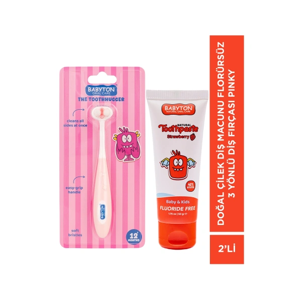 Doğal Çilek Diş Macunu Florürsüz-3 Yönlü Diş Fırçası Pinky 2li Set