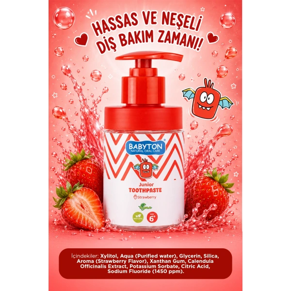 Doğal Çilekli 6 Yaş ve Üzeri Florürlü Diş Macunu Pompalı 200 ml
