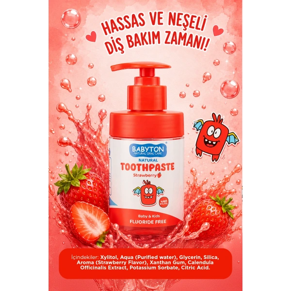 Doğal Çilekli Diş Macunu Florürsüz Pompalı 200 ml