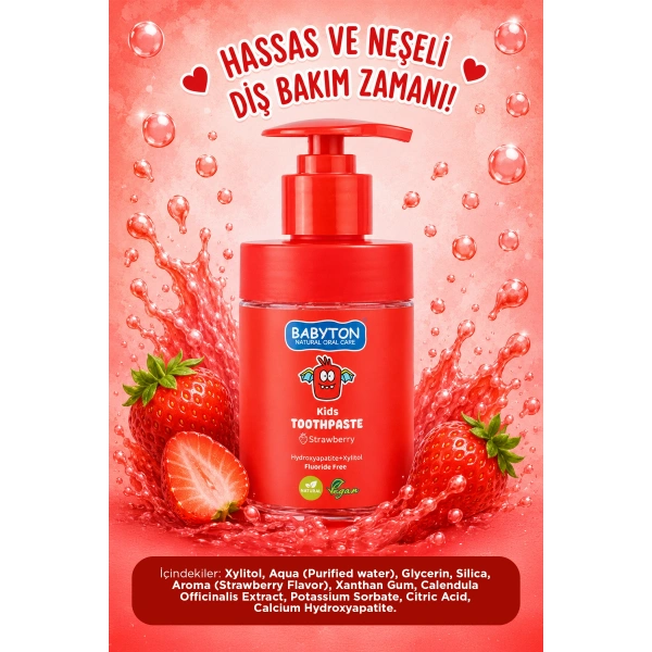 Doğal Çilekli Hydroxyapatite+Xylitol Florürsüz Pompalı 200 ml