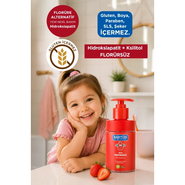 Doğal Çilekli Hydroxyapatite+Xylitol Florürsüz Pompalı 200 ml