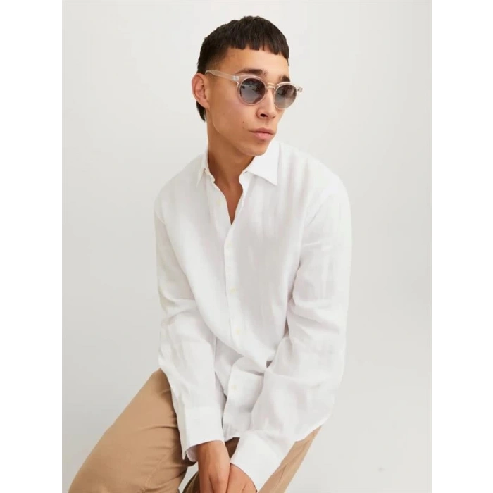 12273907 Keten Kumaş Uzun Kollu Erkek Gömlek Beyaz