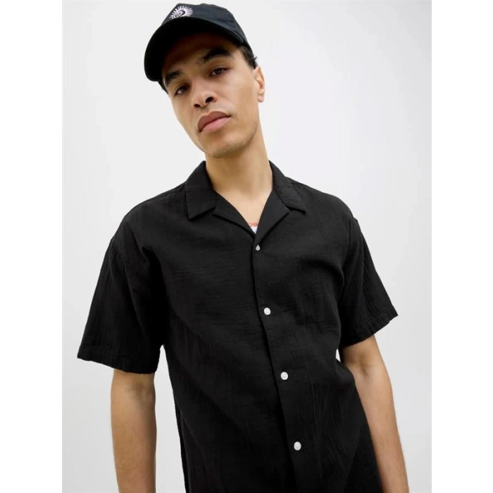 12274798 Müslin Kumaş Kısa Kollu Erkek Gömlek Siyah