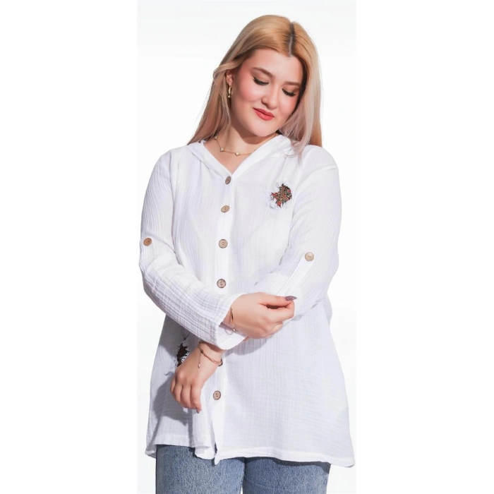 125006 Müslin Kumaş Kapşonlu Kadın Gömlek Beyaz