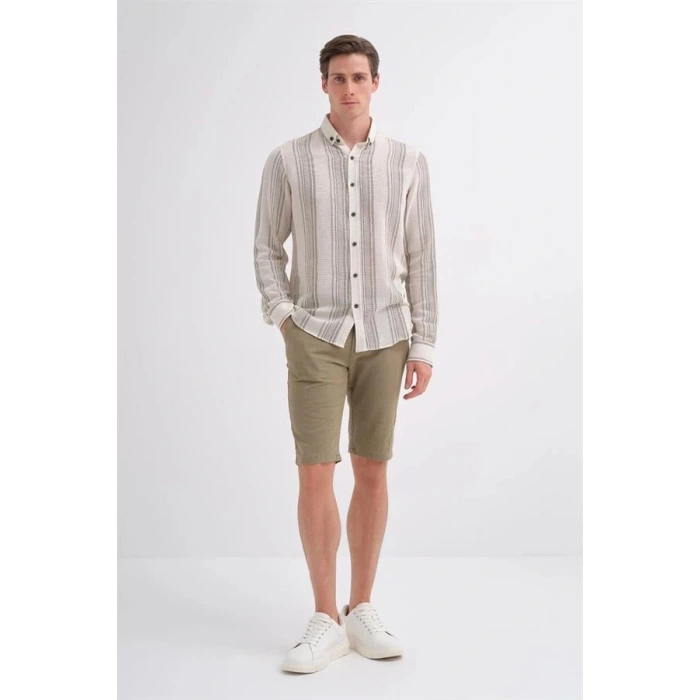 2007 Dik Çizgi Desenli Keten Uzun Kollu Erkek Gömlek Nefti