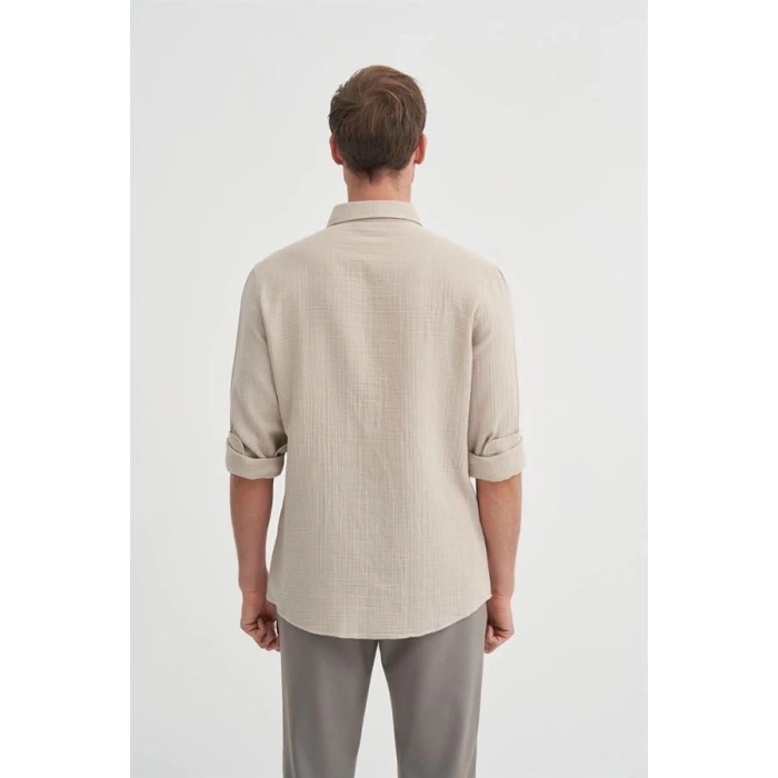 2024 Uzun Kollu Müslin Kumaş Erkek Gömlek Bej