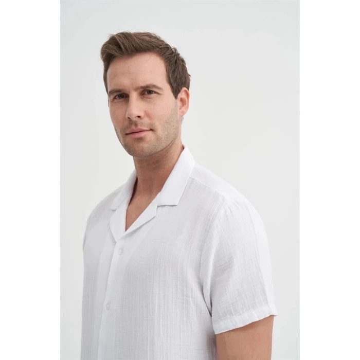2039 Kısa Kollu Apaş Yaka Müslin Kumaş Erkek Gömlek Beyaz