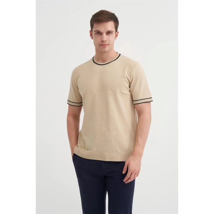 3013 Bisiklet Yaka Bel ve Kol Lastikli Triko Erkek T-Shirt BEJ