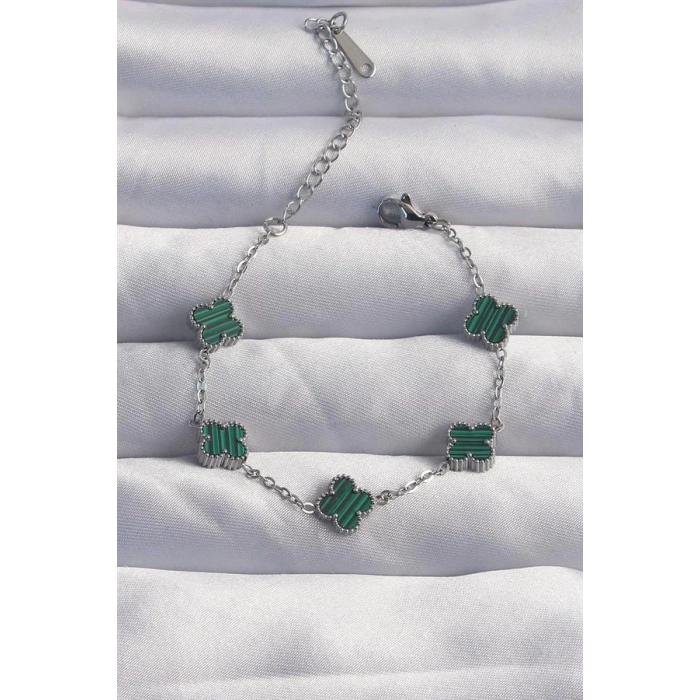 316L Çelik Baby Boy Gümüş Renk Çizgili Yeşil Mineli Yonca Bileklik