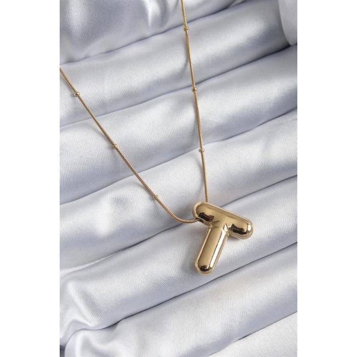 316L Çelik Gold Renk Bubble T Harf Model Kadın Kolye