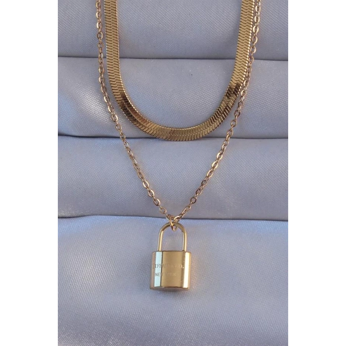 316L Çelik Gold Renk Çift Zincir Kilit Model Kolye