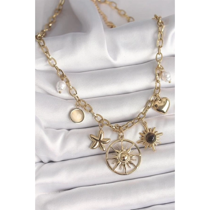 316L Çelik Gold Renk Güneş Model Siyah Mineli Güneş Detay Kadın Kolye
