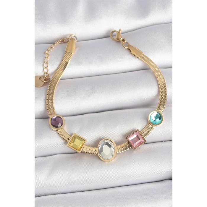 316L Çelik Gold Renk İtalyan Zincir Renkli Zirkon Taşlı Kadın Bileklik