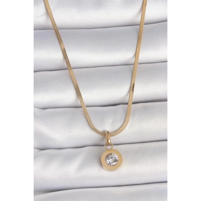 316L Çelik Gold Renk İtalyan Zincir Sallantı Zirkon Taş Model Kadın Kolye