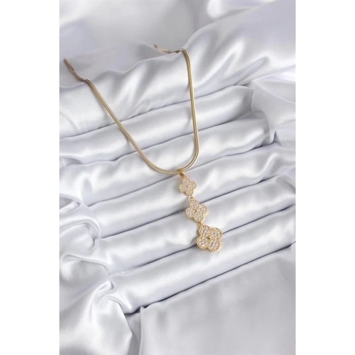 316L Çelik Gold Renk İtalyan Zincir Zirkon Taşlı Yonca Model Kadın Kolye