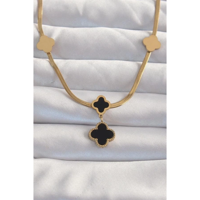 316L Çelik Gold Renk İtalyan Zincirli Mineli Yonca Kolye