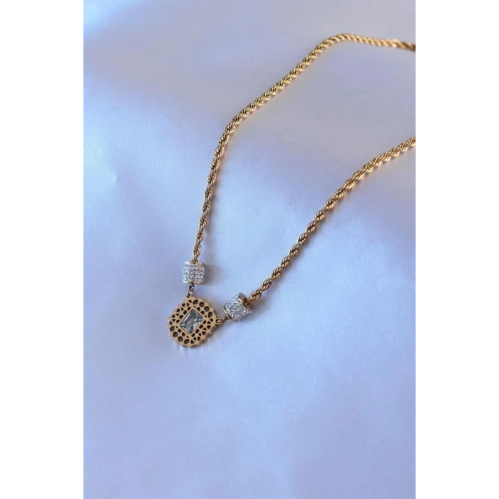 316L Çelik Gold Renk Lotus Model Zirkon Taşlı Burgu Zincir Kadın Kolye